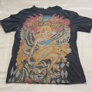 Ed Hardy Black Tee with Angel and Tiger Graphic